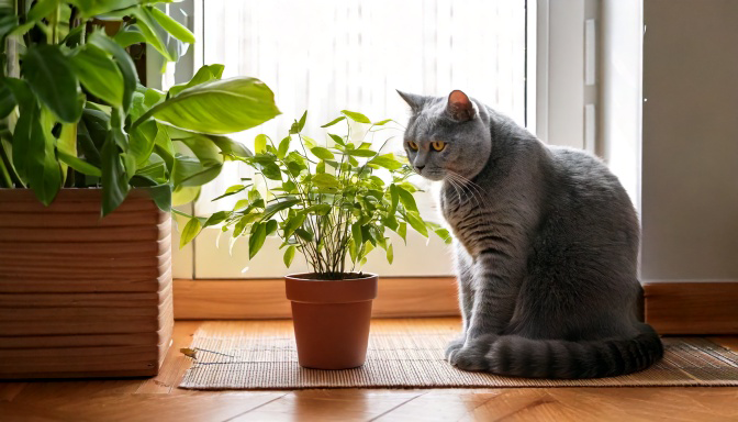 British Shorthair próximo a uma planta fresca de catnip
