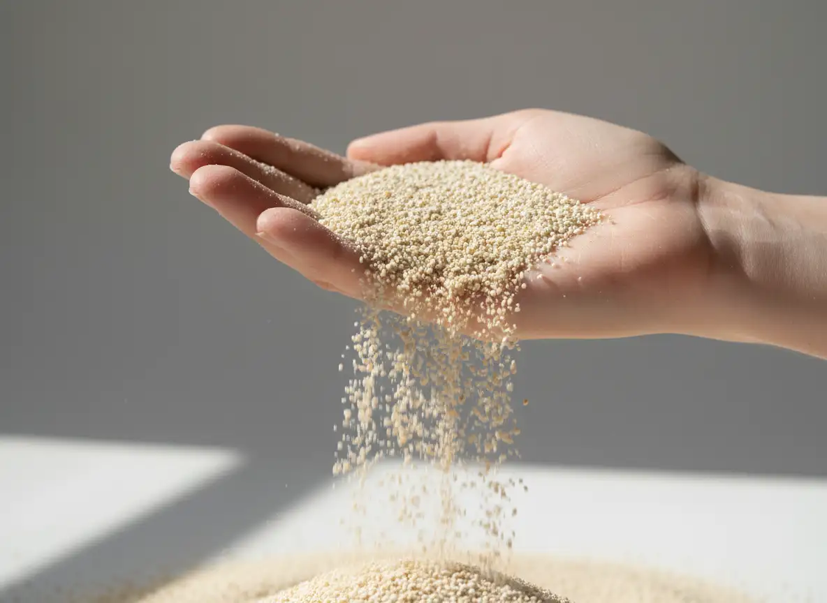 Close-up de uma mão segurando areia de gato de argila com grãos finos, mostrando a textura ideal